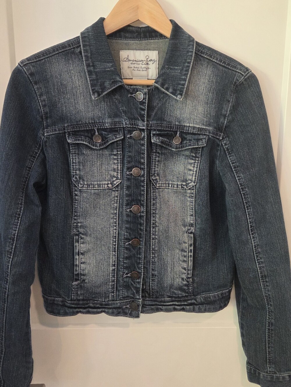 American Rag Cie Denim Jacket Stretch Women’s L Cropped Y2K Western Classiccore